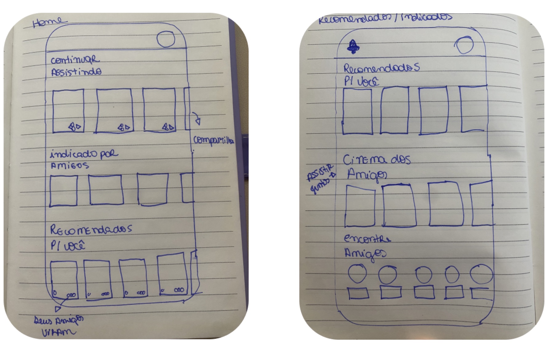 Paper wireframes — the home and the friends’ recommendations screen